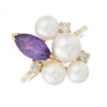 An 18ct gold amethyst, cultured pearl and diamond cluster dress ring
