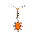 A late Victorian gold and silver, fire opal and diamond drop pendant