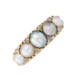 A late Victorian 18ct gold pearl and diamond five-stone dress ring