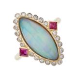 An 18ct gold opal, diamond and ruby cluster dress ring