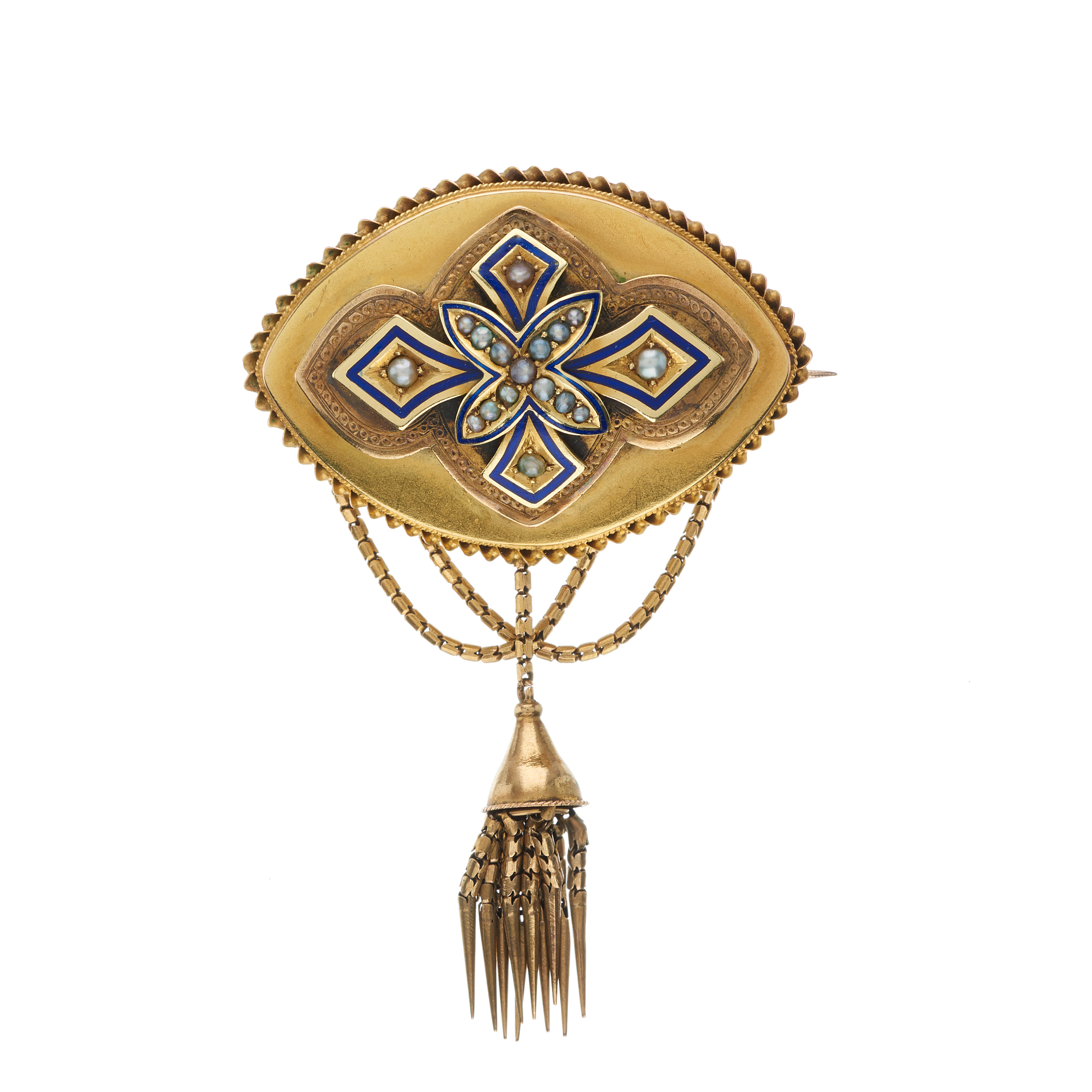 A late Victorian gold, split pearl and enamel tassel brooch