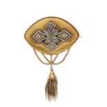 A late Victorian gold, split pearl and enamel tassel brooch
