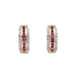 A pair of 14ct gold calibre-cut ruby and diamond half hoop earrings
