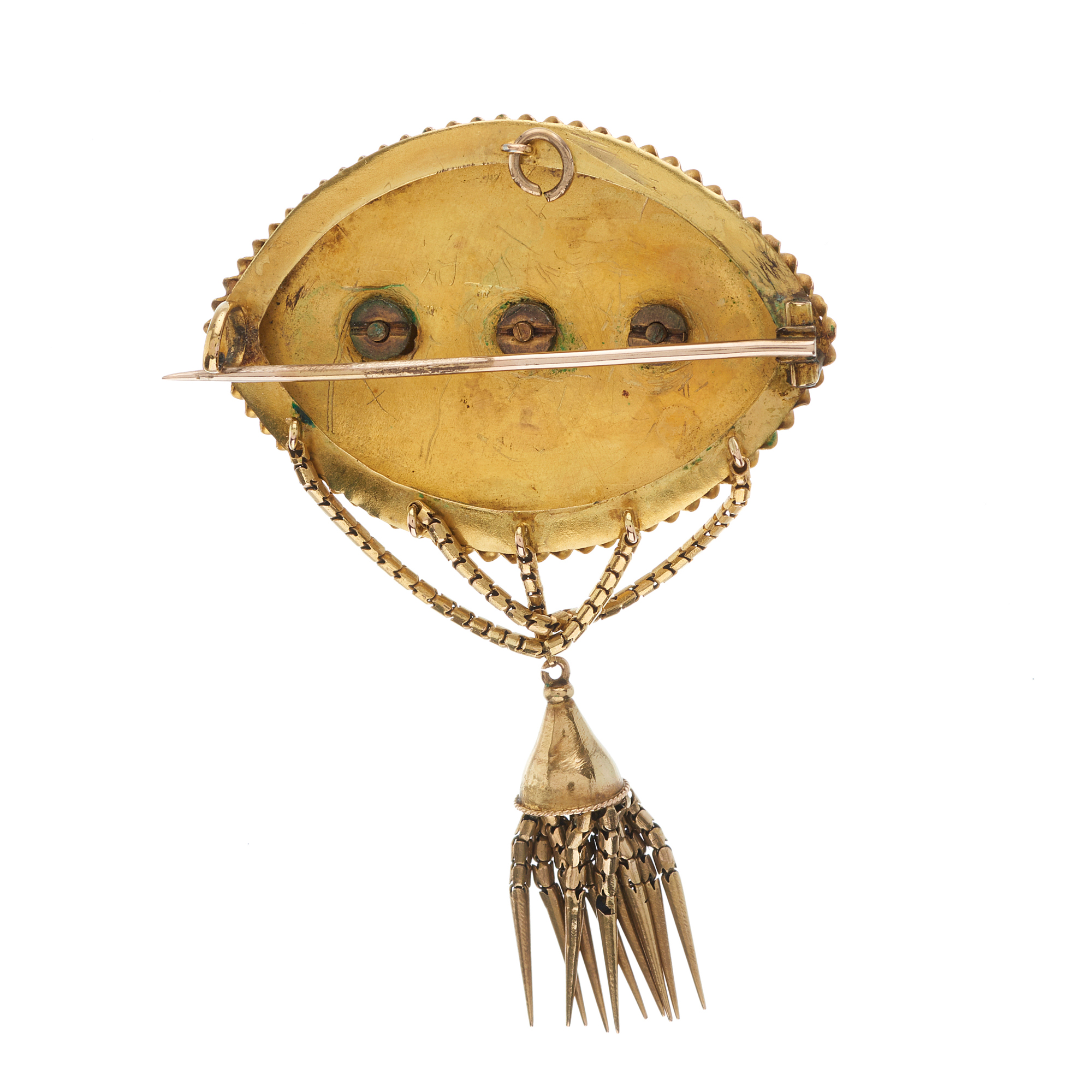 A late Victorian gold, split pearl and enamel tassel brooch - Bild 2 aus 2