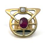 A Dutch Secessionist 14 carat gold, ruby and split pearl scarf ring