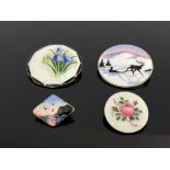 Four Norwegian silver gilt and enamelled brooches, painted guilloche enamel floral and landscape