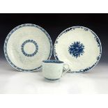 A Worcester blue and white Chrysanthemum moulded plate, open crescent mark, circa 1770-1775, in