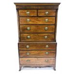 A George III mahogany strung chest on chest, circa 1790, plain cornice, two short over three long