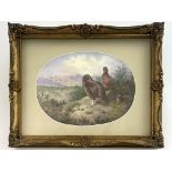 A H Wright, a painted porcelain plaque, oval form, decorated with red grouse in Highland