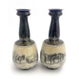 Hannah Barlow for Doulton Lambeth, a pair of stoneware vases, mallet gourd form, sgraffito decorated