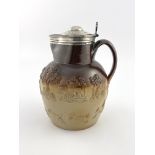 A William IV silver mounted salt glazed stoneware sprigged hunting jug, London 1831, globular form