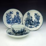 A Worcester blue and white tea bowl and saucer, hatched crescent mark, circa 1770 - 1780, in the