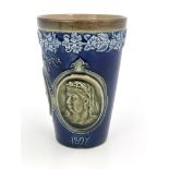 A Doulton Lambeth Diamond Jubilee commemorative stoneware beaker, relief moulded with portraits of
