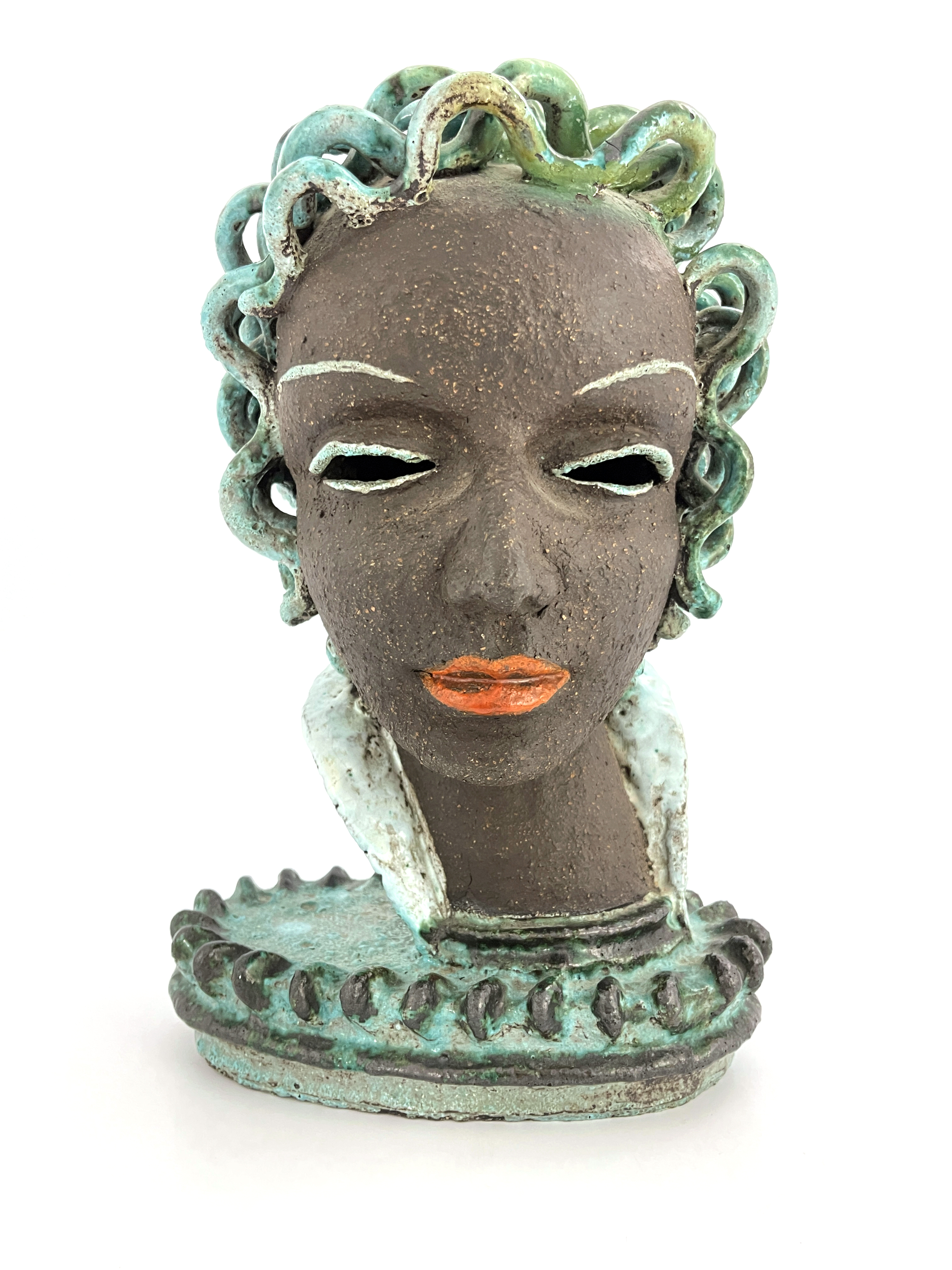After Rudolf Knorlein, a bust of a lady wearing a high neck collar with green hair In the manner