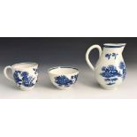 A Worcester blue and white printed jug, hatched crescent mark. circa 1765-1785, sparrow beak, in the