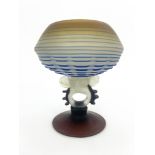 A Venetian studio clouded art glass pedestal bowl, bowl squat ovoid form with blue stripes,