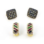 Two pairs of 14 carat gold and gem set earrings