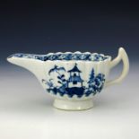 An English blue and white porcelain cream boat, Bow shape, circa 1750s
