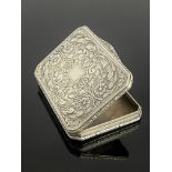 A continental white metal pocket snuff box, 19th Century, of rectangular form with canted corners,
