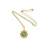 A 9ct gold pearl and turquoise cluster pendant on chain, the cabochon rosette within ruyi head