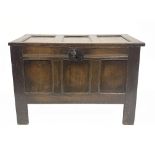 A late 17th Century oak chest, triple panel top with wire hinges, blacksmith lock, triple panel