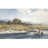 John Finnie (British, 1829-1907), a river scene with fishermen, signed l.l., watercolour, 32 by