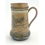 Hannah Barlow for Doulton Lambeth, a stoneware jug, 1877, bulbous cylindrical form, sgraffito