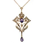 An Arts and Crafts 9 carat gold, amethyst and split pearl pendant brooch