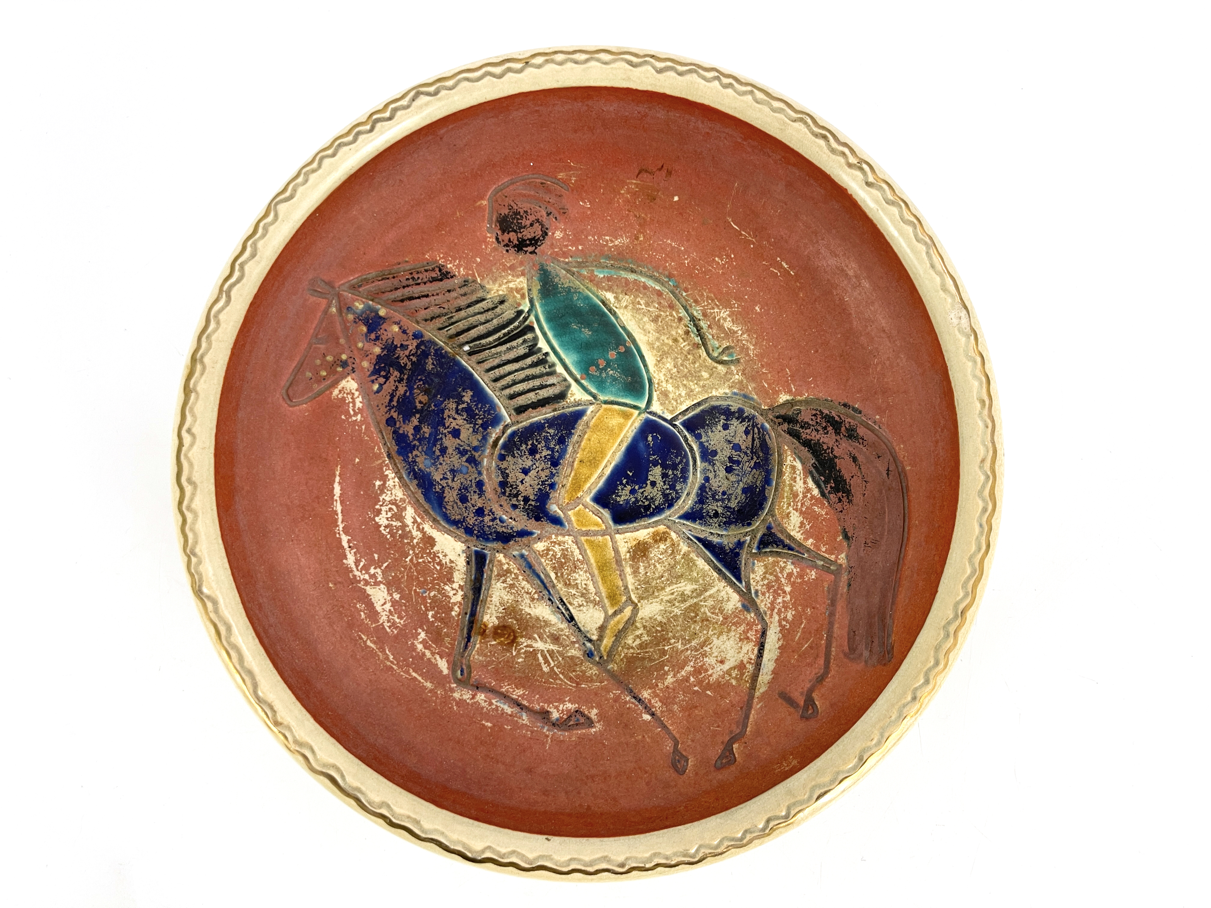 Accolay, France, an Art Pottery bowl, circa 1960s, incised horse rider on terracotta ground,