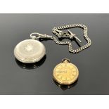 A Continental 14k gold cased fob watch, together with a Continental pocket watch stamped 'fine