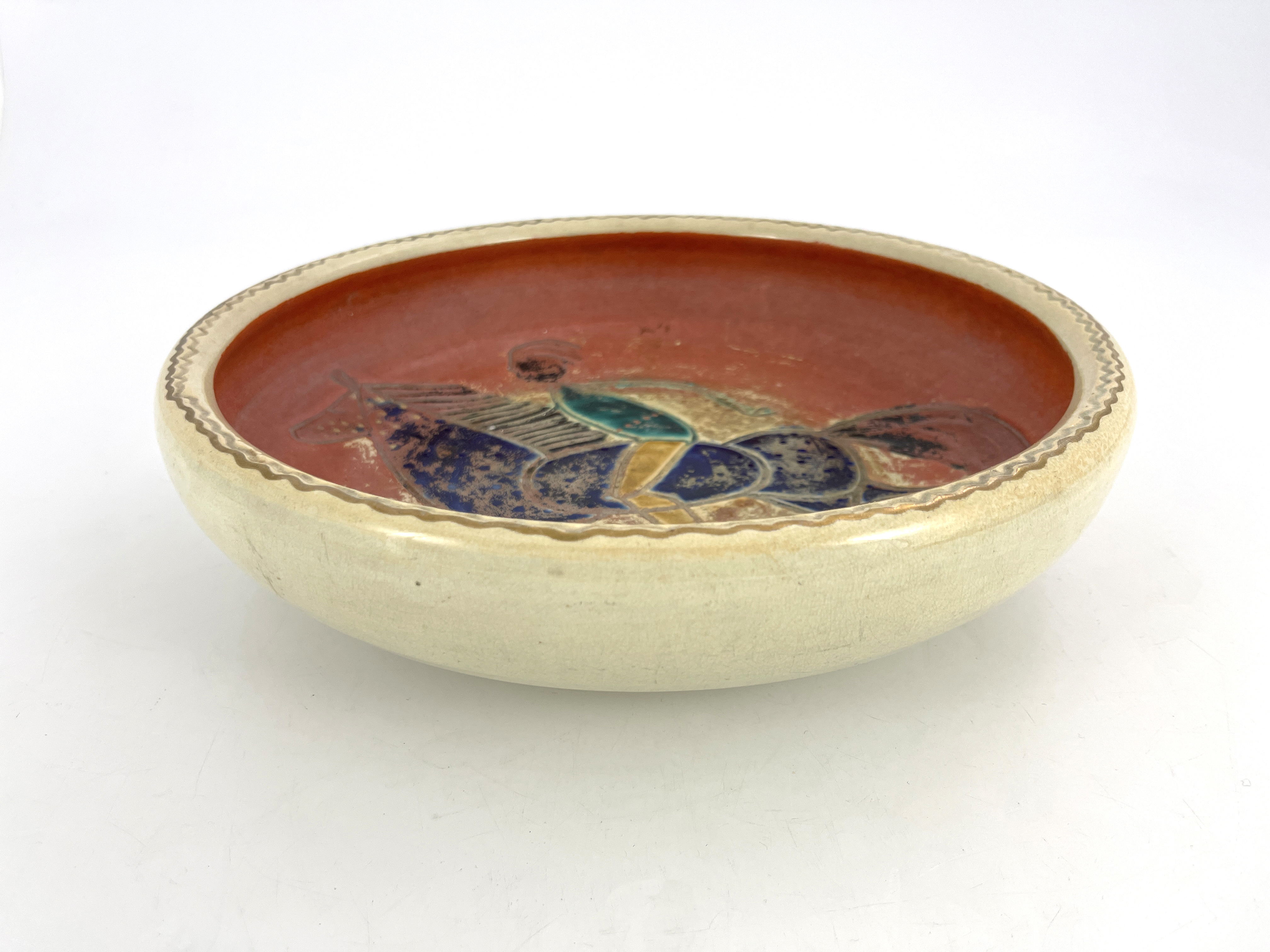 Accolay, France, an Art Pottery bowl, circa 1960s, incised horse rider on terracotta ground, - Image 3 of 3