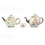 Two Chinese export teapots and a tea bowl, 18th century, ovoid form, one relief moulded with