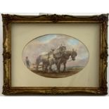 Milwyn Holloway, a painted porcelain plaque, oval convex form with Shire horses ploughing a field,