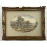 Milwyn Holloway, a painted porcelain plaque, oval convex form with woman feeding chickens in front