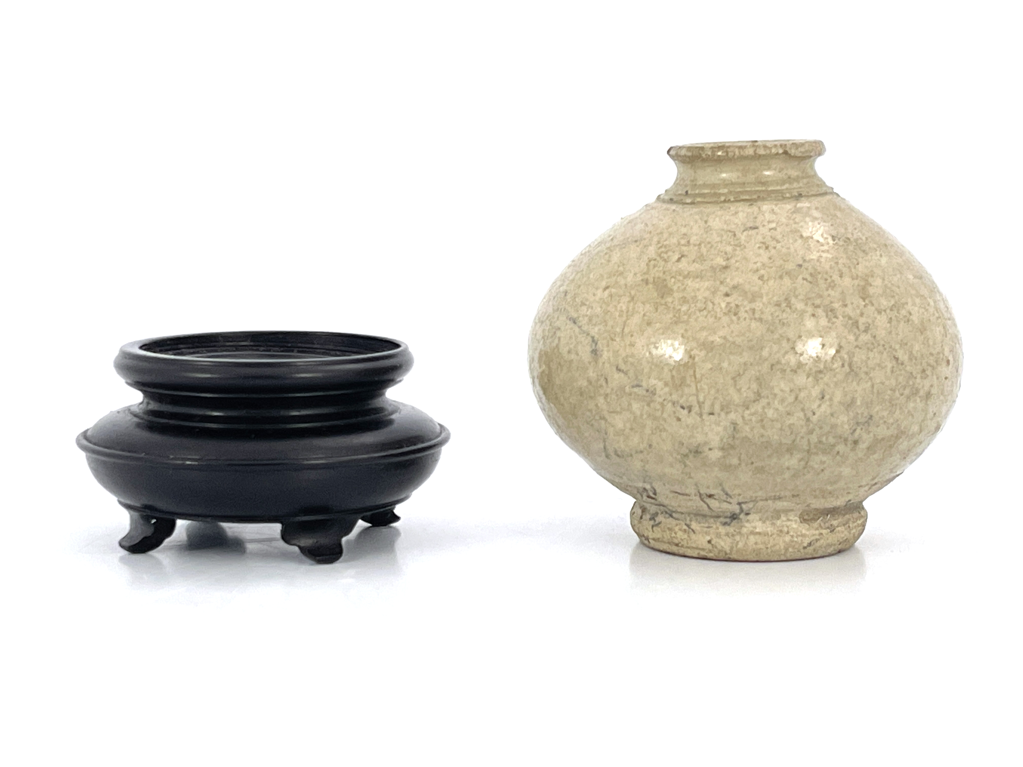 A Chinese provincial miniature pot, of Ming design, ribbed neck, buff glaze, 6cm high, in a box with - Image 4 of 6