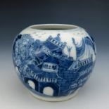 A Chinese blue and white brush pot, of ovoid form, painted with pagoda landscapes, blue four