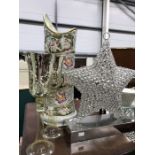 A Capodimonte stick stand, a star form Crystal lattice tea light holder, a pair gilt lustre glass