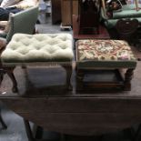 A late Victorian footstool, tapestry upholstered top on ring turned supports 41cm wide and played