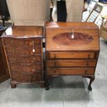 An Edwardian fall front bureau , fitted three drawers; 73.5 cm wide, together with a serpentine