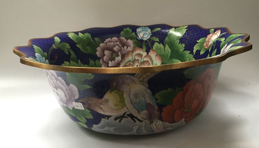 A large Chinese cloisonne bowl, circular form decorated with songbirds amongst flowering peony - Image 2 of 2