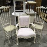 A French style white painted boudoir chair, together with two painted faux bamboo gilt wood high