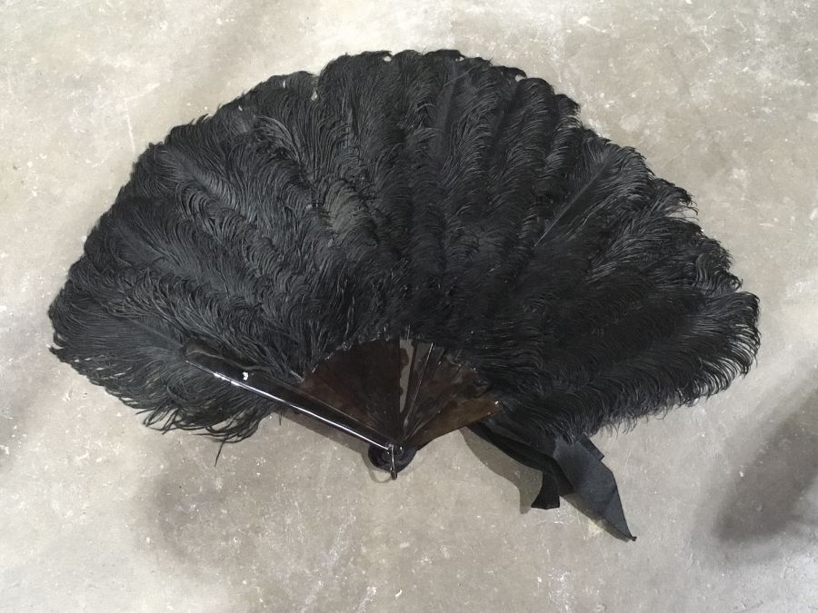 A faux tortoiseshell and black ostrich feather fan