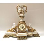 A Continental porcelain and gilt metal mantel clock, Gilt metal drum movement flanked by reclining