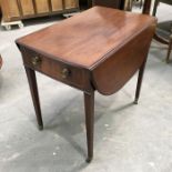 A George III mahogany oval Pembroke table, single drawer and dummy drawer on tapered supports, brass