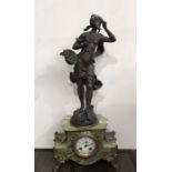 Auguste Moreau, and Art Nouveau gilt and onyx mantel clock, mounted with patinated art metal
