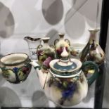 Royal Worcester and Hadley's painted vases and teapot including a pair of rose decorated vases, a