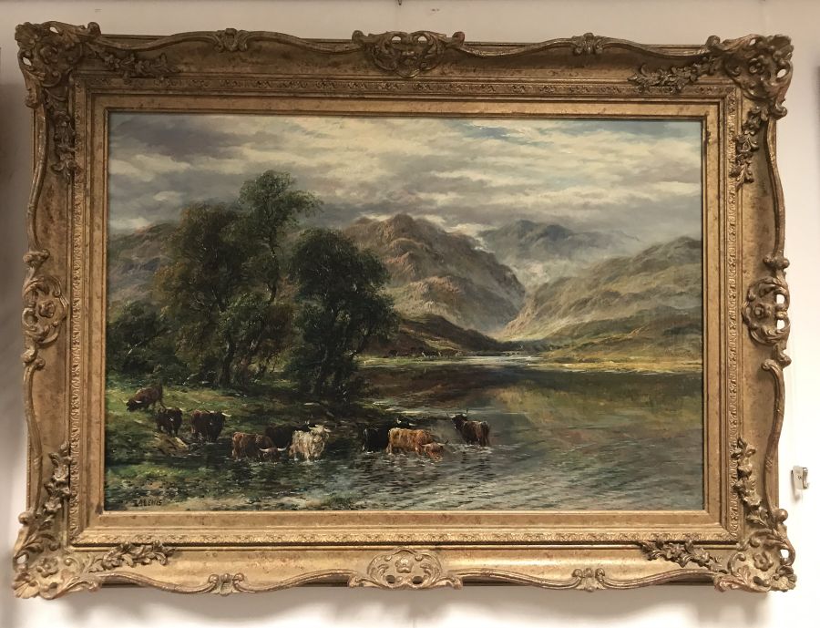 A...Lewis (British, early 20th Century), Highland landscape with cattle watering, signed l.l, oil on