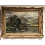 A...Lewis (British, early 20th Century), Highland landscape with cattle watering, signed l.l, oil on