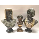A pair of Goldscheider style terracotta busts, African man and companion on circular moulded socle