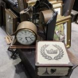 A woodford Franz Hermle Napoleon hat clock together with a triptych mirror and a hessian covered box